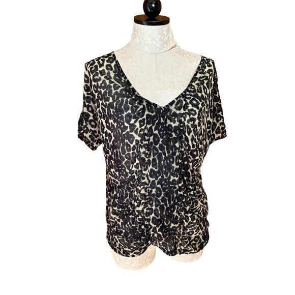 MINK PINK Womens Cheeta Blue Print Blue Sheer Blouse V-Neck Size M - Picture 1 of 7